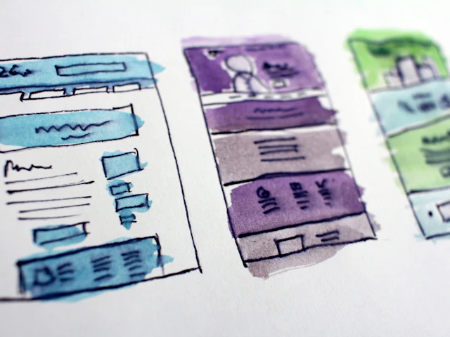 Hand-drawn wireframe sketches of website page layouts