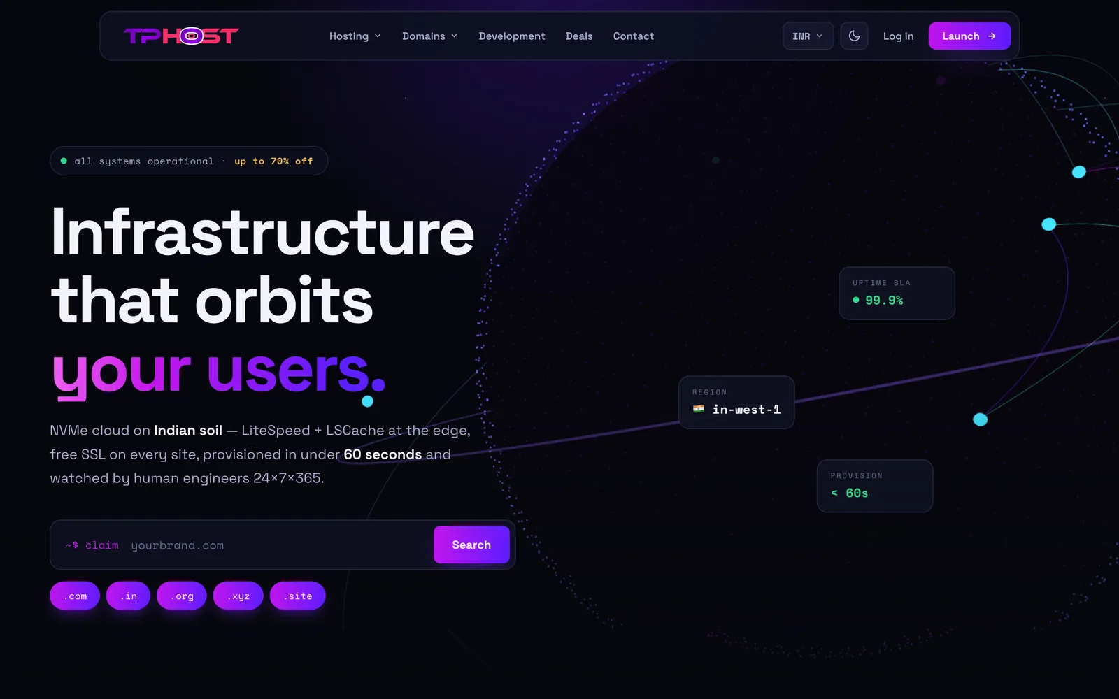The PowerHost home page with domain search and live status